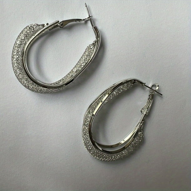 Silvery Plating Mesh Twisted Hoop Earrings Inlaid Shiny Zircon Ear Piercing Jewelry For Women