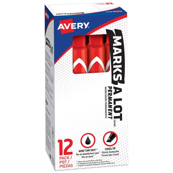 Rotuladores permanentes Avery Marks A Lot con punta cincelada, 12 unidades, color rojo