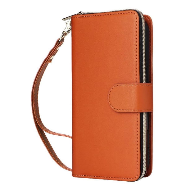 Funda Cartera con Cremallera y Correa para Samsung Galaxy A14 Soporte y Tarjetero Marrón