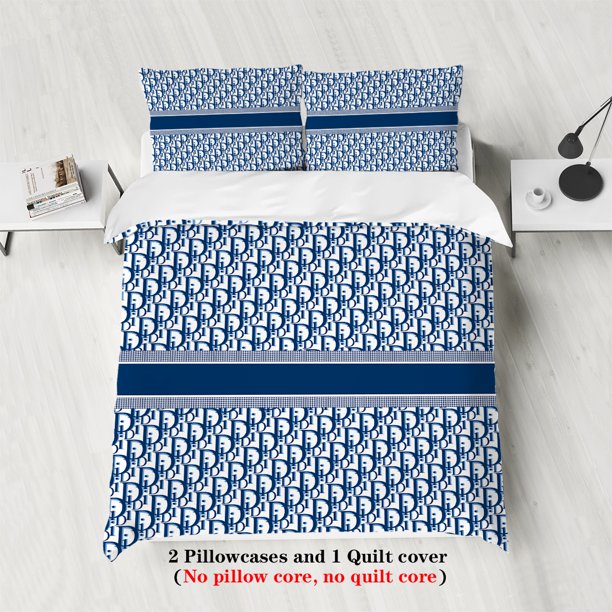 3pcs luxury navy blue monogram bedding set, 1 quilt cover + 2 pillowcases, no filling, skin-friendly, breathable, anti-pilling