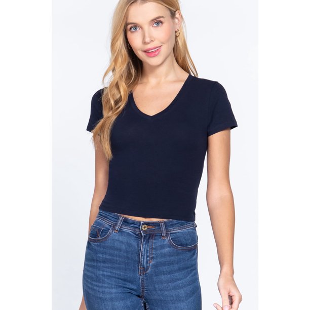 Saronite Top Corto Básico de Algodón con Cuello en V y Manga Corta, Color Azul Marino (para Mujer)