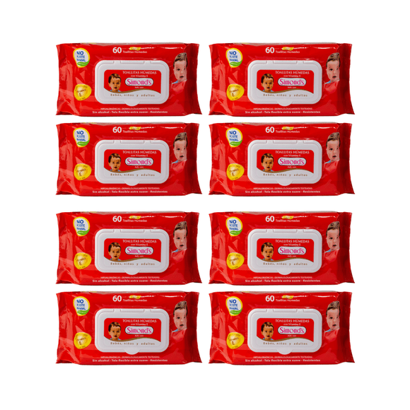 Pack 8 Toallitas Húmedas Simonds Baby Care 60un ,Hipoalergénicas,