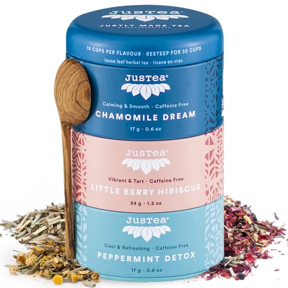 Trío de tés herbales JusTea en latas apilables con cuchara para té, 45 tazas
