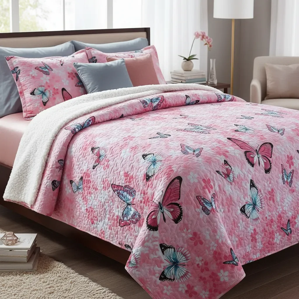 Casadeliacl - Cubrecama Quilt Sherpa 1.5 - Varios Modelos W.m G Rosado Mariposas En Tonos Rosados