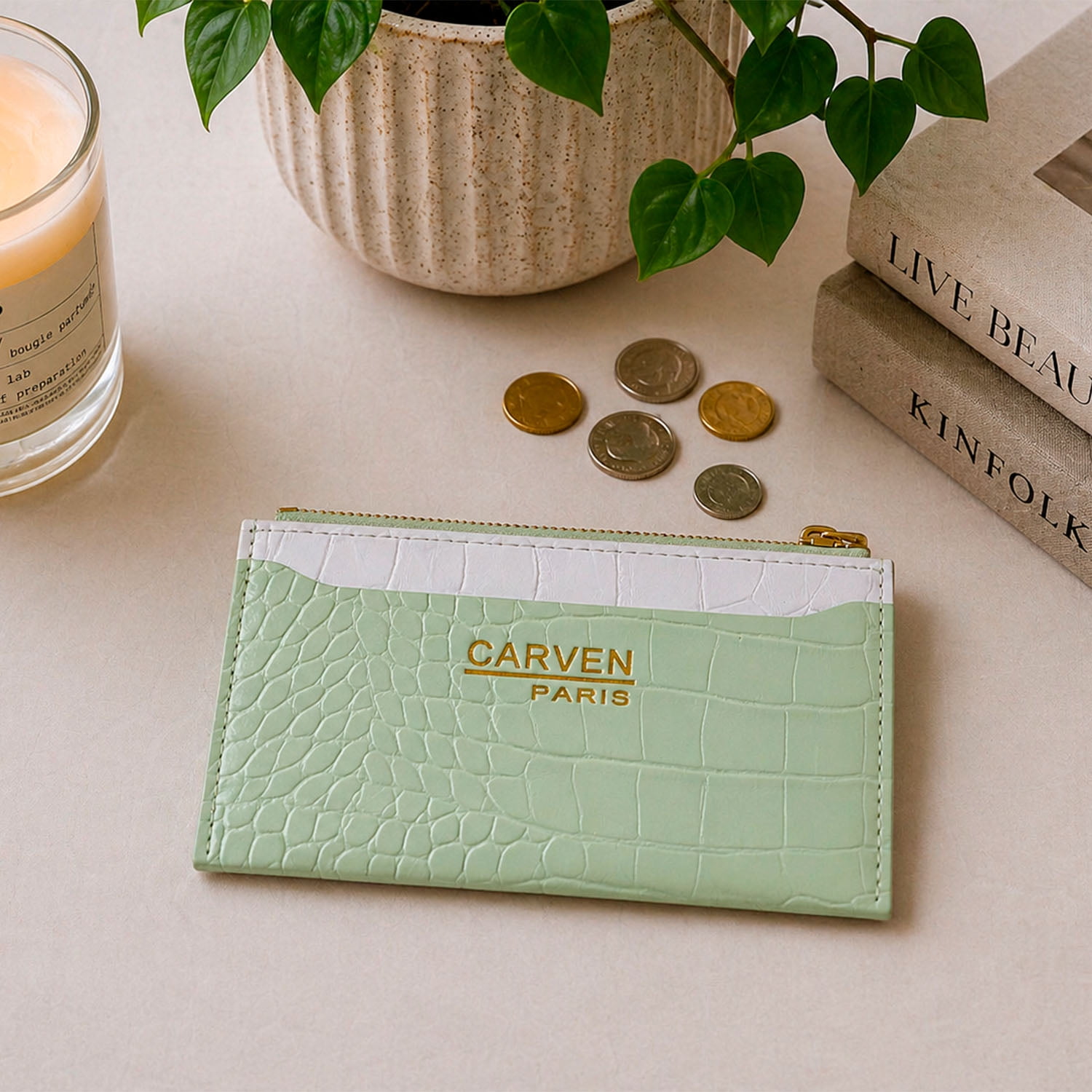 Billetera Tarjetero Mujer Con Monedero Zoe Verde Carven