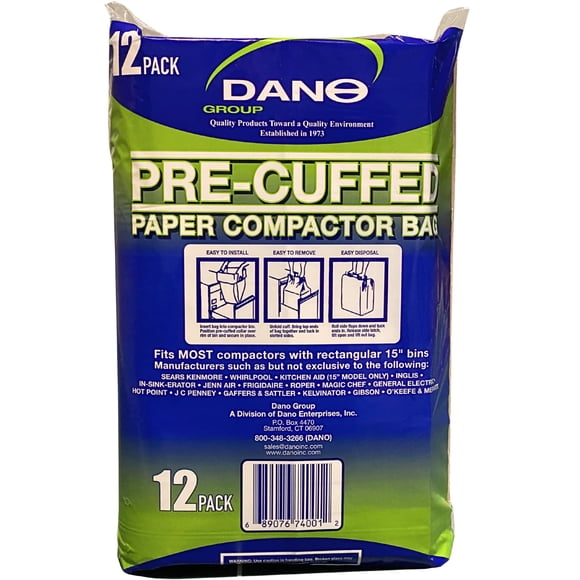 Bolsas compactadoras de papel Dano prepliegadas, paquete de 12, ajuste de 15"