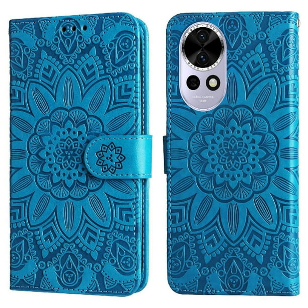 Funda tipo cartera FOXDOCK para Huawei Nova 14 , diseño girasol en relieve, cuero PU, cierre magnético, soporte y tarjetero