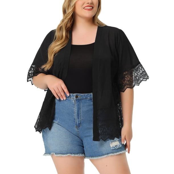 Agnes Orinda Talla Grande para Mujer Día de la Madre Cubierta Panel de Encaje Verano Vacaciones Bohemio Cárdigans 4X Negro