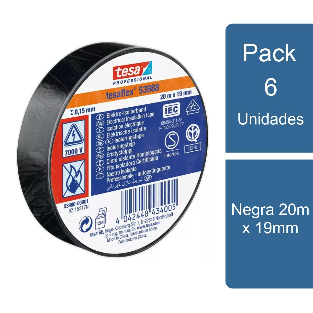 Pack 6 Tesaflex Cintas Aisladora Eléctrica Profesional Negra 20m X 19mm