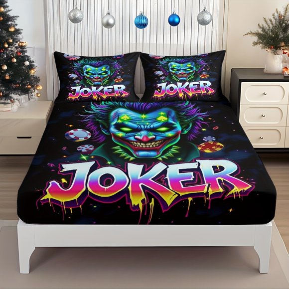 Officially Licensed Warner Bros Store Bed Sheet Set Featuring a Crazy Clown Poker Theme with a Deadly Game Pattern Hidden Behind a Sinister Smile The Elastic De