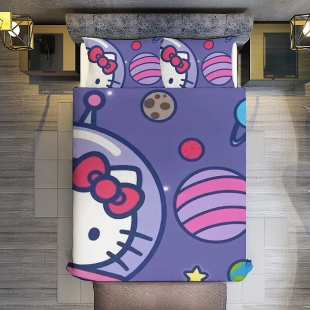 Hello Kitty Astronaut 3 Pieces Duvet Cover Set Full Size Super Soft Fade Resistant Microfiber