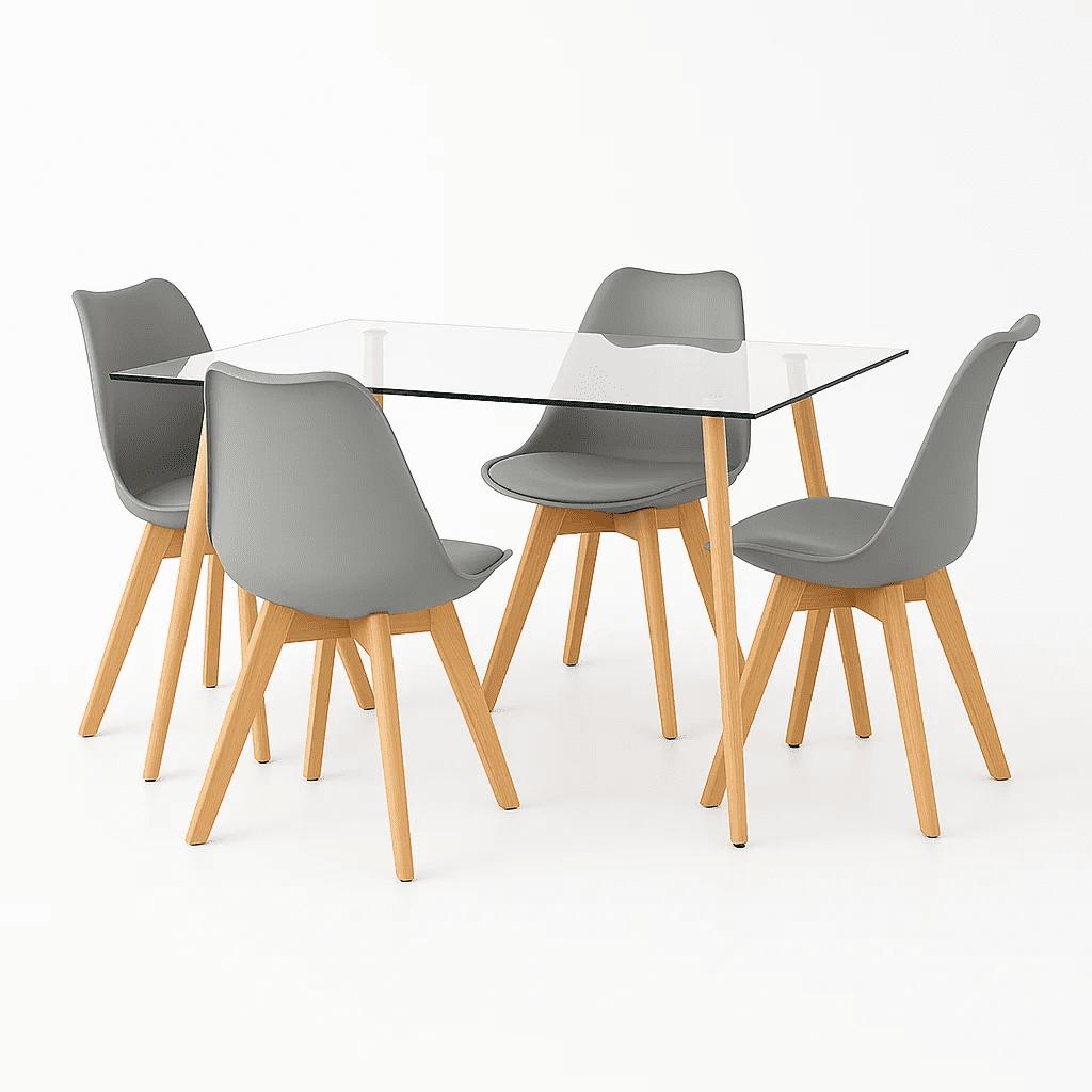 Klik Muebles - Comedor Mesa De Vidrio Nórdica 140x90 Cm + 4 Sillas Tulip Grises