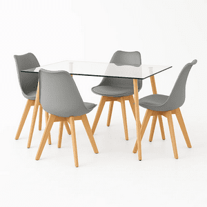 Klik Muebles - Comedor Mesa De Vidrio Nórdica 140X90 Cm + 4 Sillas Tulip Grises