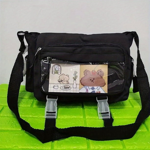 Get Ready for School with Our Kawaii Nylon Crossbody Bag - Spacious, Clear Pocket Front, and Includes Patch or Pins!