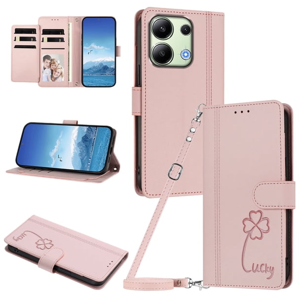 Funda Cartera Trébol para Xiaomi Redmi Note 13 4G con Ranuras Tarjetas y Carga Inalámbrica Rosa