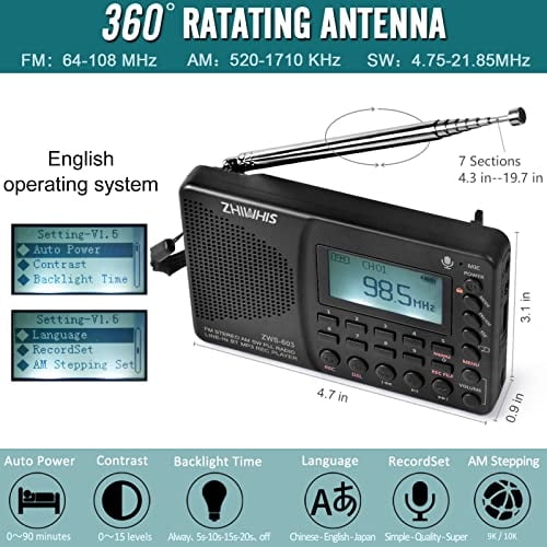 ZHIWHIS Radio Bluetooth Portátil, Radios FM AM de onda corta con Tempo