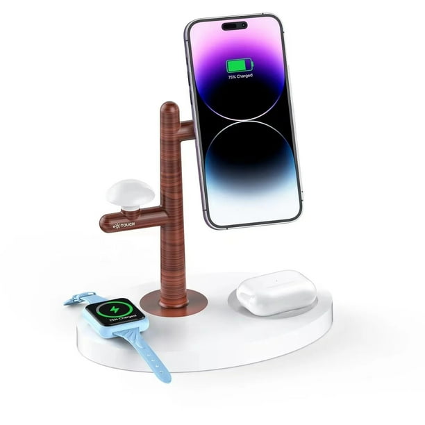 Soporte de carga inalámbrico para iPhone 15 Pro Max, 20W Fast Charging Pad para Samsung Galaxy S23 Ultra, 3 en 1 estación de carga para Apple Watch AirPods-Blanco