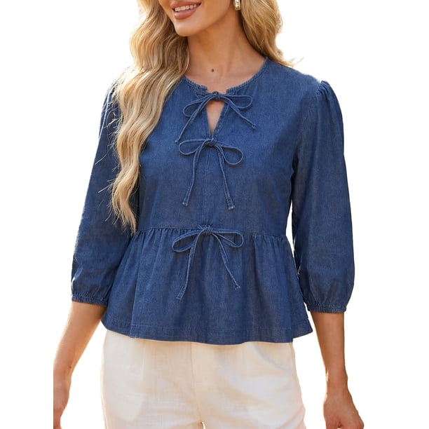 INSPIRE CHIC Blusas de Mezclilla para Mujer con Lazo al Frente, Mangas Abullonadas, Volante en el Bajo, Blusa Peplum, Camisas de Jean 2XL Azul Oscuro