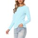 thumbnail image 4 of INSPIRE CHIC Camiseta Casual de Algodón Ajustada de Manga Larga a Rayas con Cuello Redondo para Mujer, Regreso a Clases, Azul Claro a Rayas XS, 4 of 6