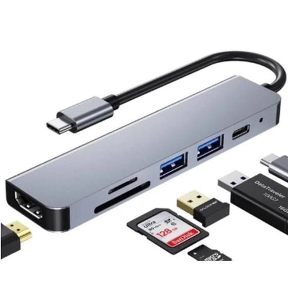Hub Adaptador Usb-c 6 En 1 (hdmi,2x Usb 3.0, Tf, Sd, Usb-c) Plateado