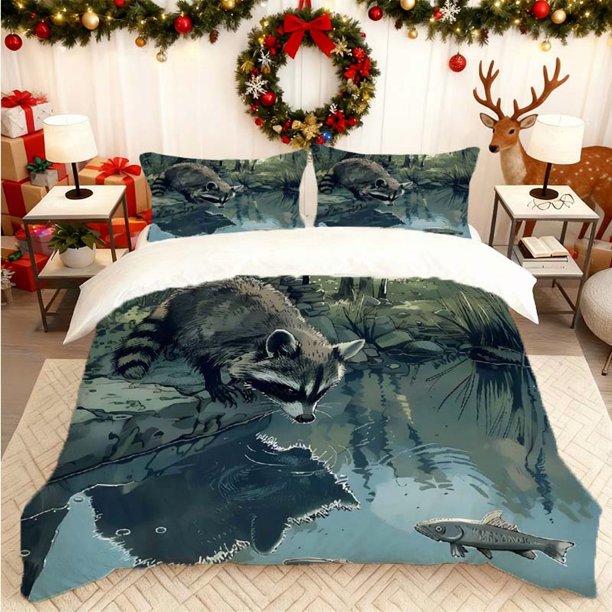 Raccoon Foraging Printed Duvet Cover Set Themed Bedding Duvet Cover and Pillowcase Set Soft and Comfortable Suitable for All Seasons Ideal for Home and Bedroom