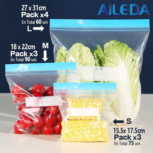 Aileda Con Cierre Hermético Para Alimentos 15.5x17.5cm（S）, 18x22cm (M) , 27x31cms (L)  En Total 10 paquetes （Talla S pequeña: 3 bolsas, talla M mediana: 3 bolsas, talla L grande: 4 bolsas）