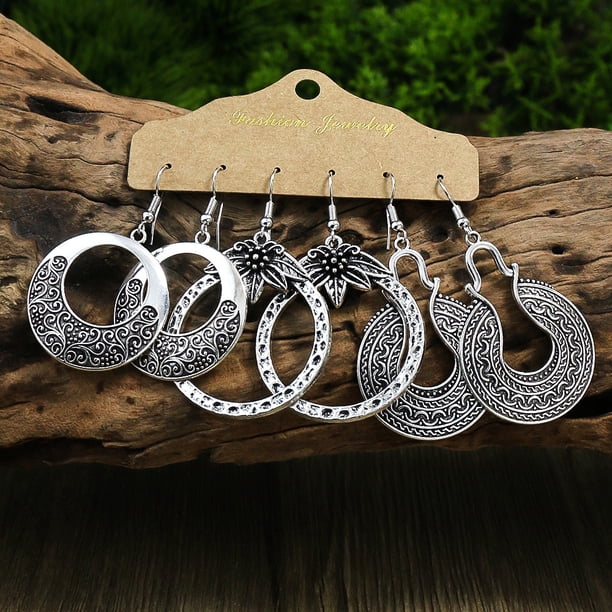 Gorgeous 3-Piece Earrings Set for Women - Retro Style, Antique Silver, Geometric Leaf Pendant, U-shaped Ear Hooks - Simple & Versatile!