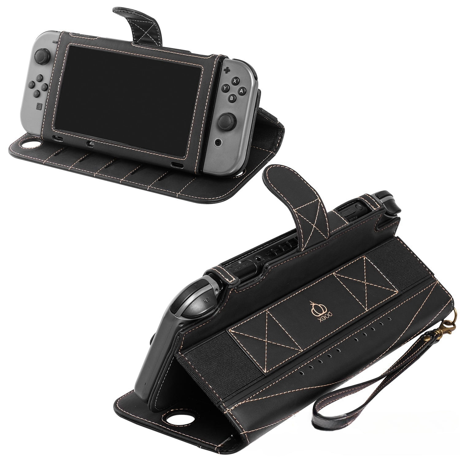 Genérico - Compatible Con Nintendo Switch Oled - Funda Protectora De Cuero Pu Con Ranura Para Varias Tarjetas, Soporte Y Cuerda Para La Muñeca-para Switch Oled||negro