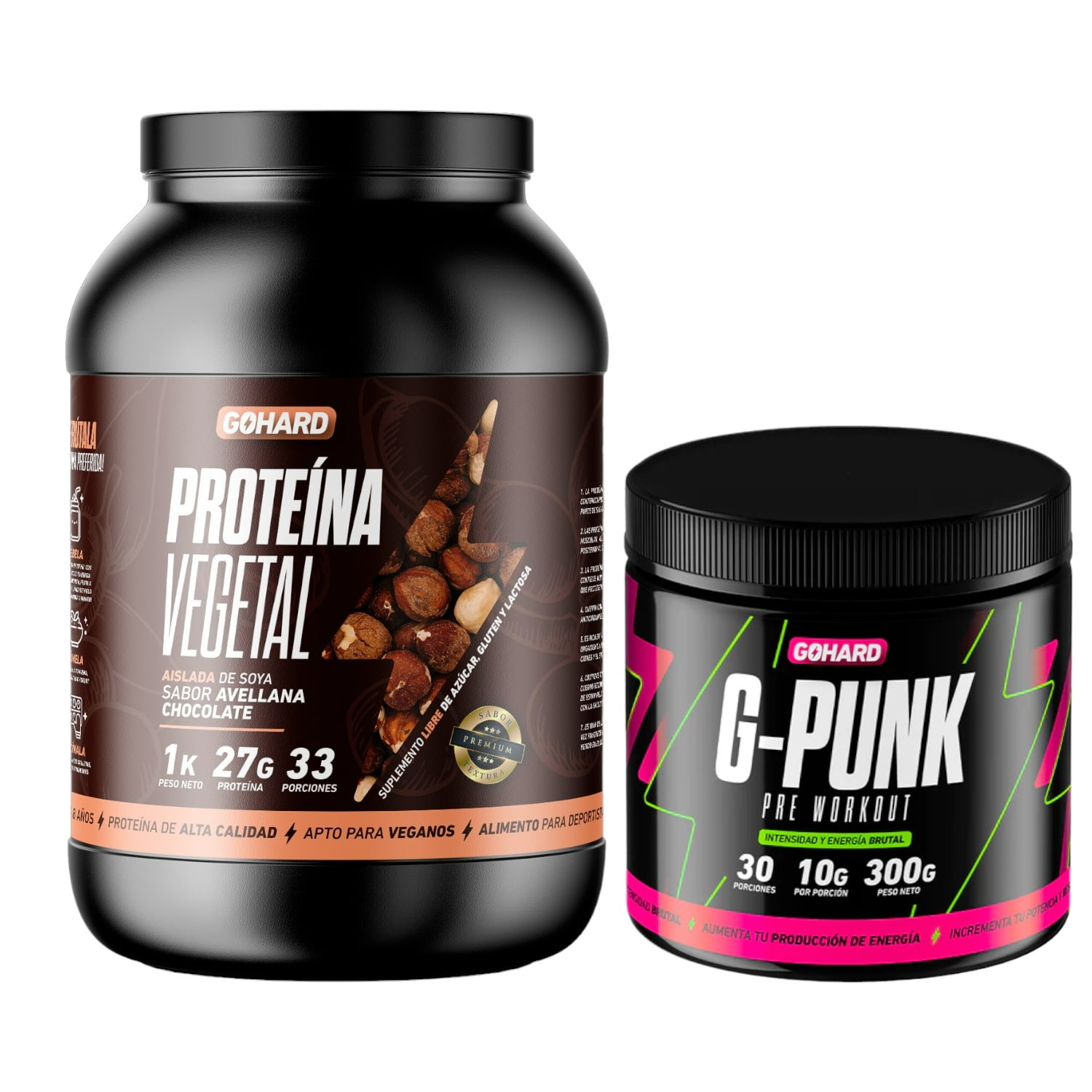 Gohard - Proteina Vegetal 33 Serv. 1kg Avellana Chocolate & Pre Entrenamiento G-punk 30 Serv