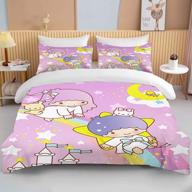 v1590 Bed Sheets Little Twin Stars Printed Bedding Set Cartoon Anime Microfiber Bed Set Pillowcase Adult Bed Cover Bedroom Bed Set Duvet 3-Piece Bedding Set (1 Duvet Cover + 2 Pillow Shams) Bed Sheets