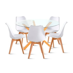 Klik Muebles - Comedor Redondo De Vidrio Cross 120Cm + 5 Silla Tulip Acolchada - Blanca