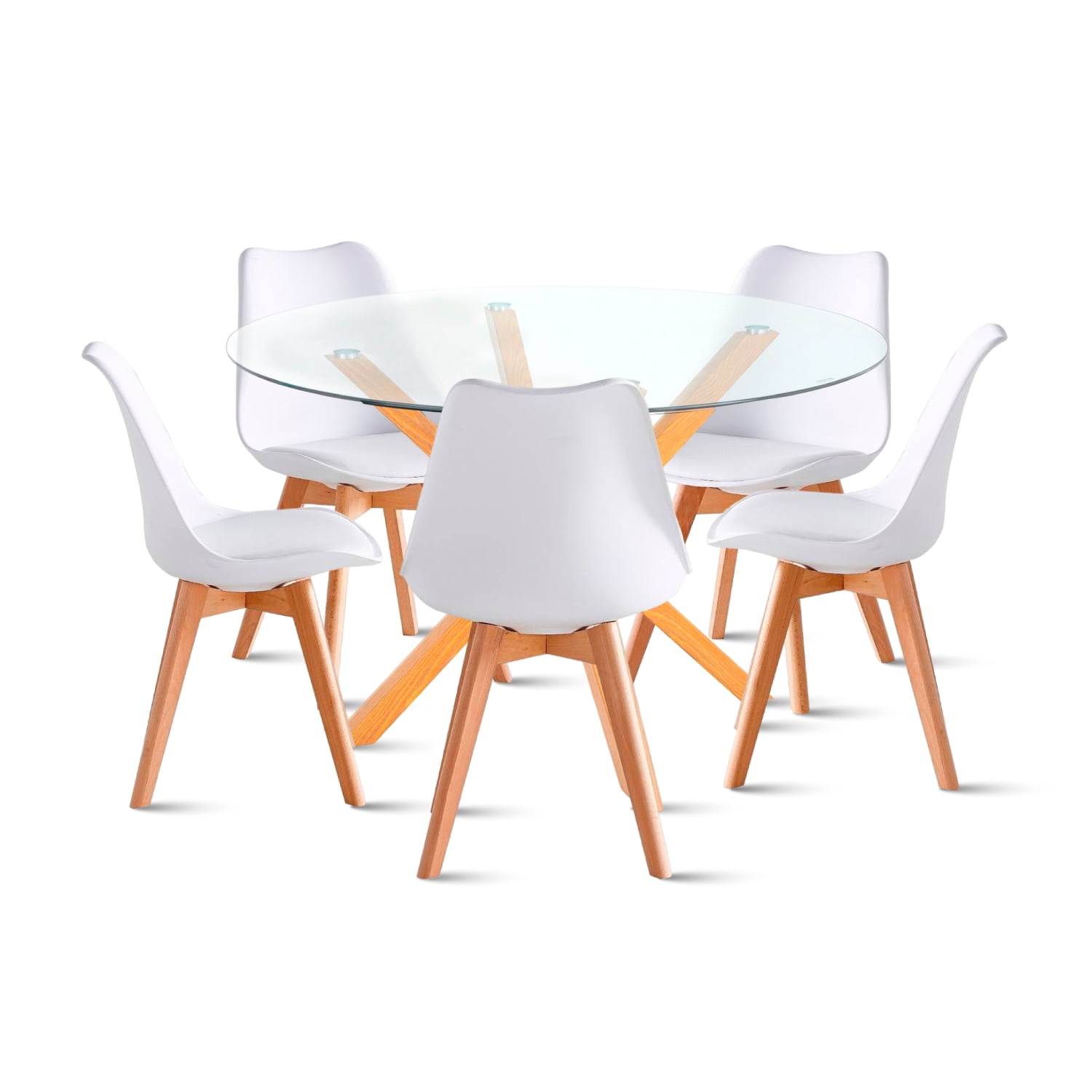 Klik Muebles - Comedor Redondo De Vidrio Cross 120cm + 5 Silla Tulip Acolchada - Blanca