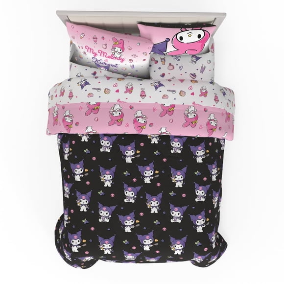 Juego de edredón y sábanas Franco Sanrio Kuromi & My Melody Bedding de 7 piezas, supersuave y acogedor, reversible con funda, completo (producto con licencia oficial)