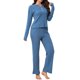 thumbnail image 4 of INSPIRE CHIC Conjunto de Pijama para Mujer de Manga Larga con Cuello Henley Acanalado, Cintura Elástica, Pantalones de Pierna Ancha con Cordón, 2 Piezas, Talla L, Azul, 4 of 6