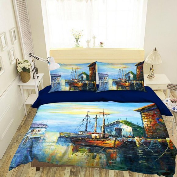 Boat Oil Painting Quilt Duvet Cover Set Double Soft Bed Linen Kids3-Piece Bedding Set