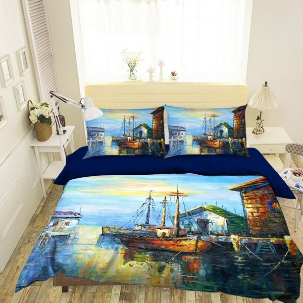 Boat Oil Painting Quilt Duvet Cover Set Double Soft Bed Linen Kids3-Piece Bedding Set