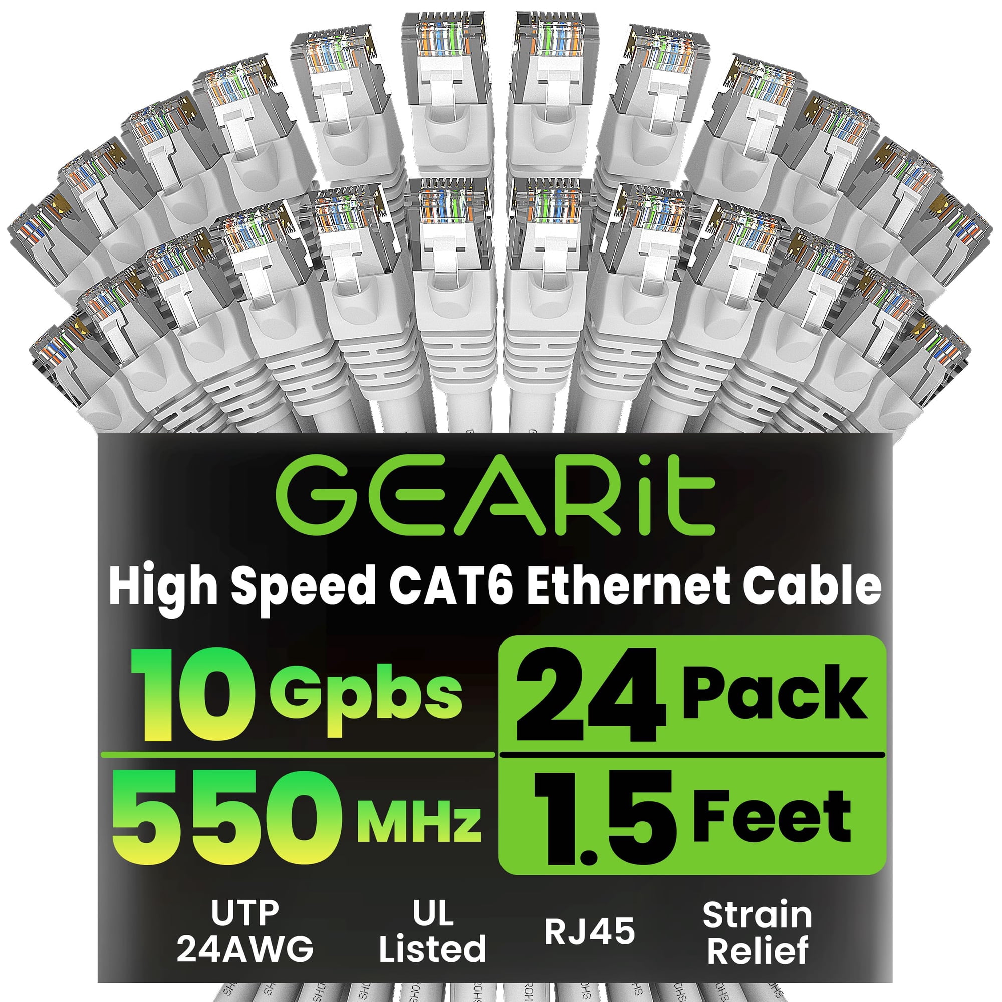 Cable Ethernet Gearit Cat 6 De 1,5 Pies (0,5 M), Paquete De 24 Unidades, Blanco