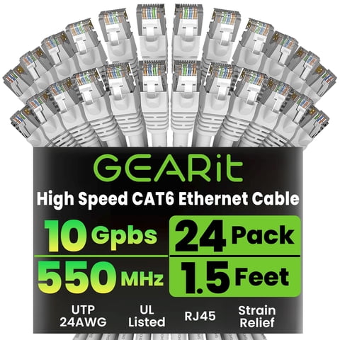 Cable Ethernet Gearit Cat 6 De 1,5 Pies (0,5 M), Paquete De 24 Unidades, Blanco