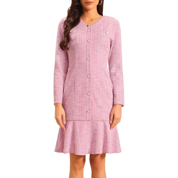INSPIRE CHIC Vestido de Mujer Bodycon Sirena Tweed Manga Larga Elegante Cóctel Cola de Pescado M Rosa