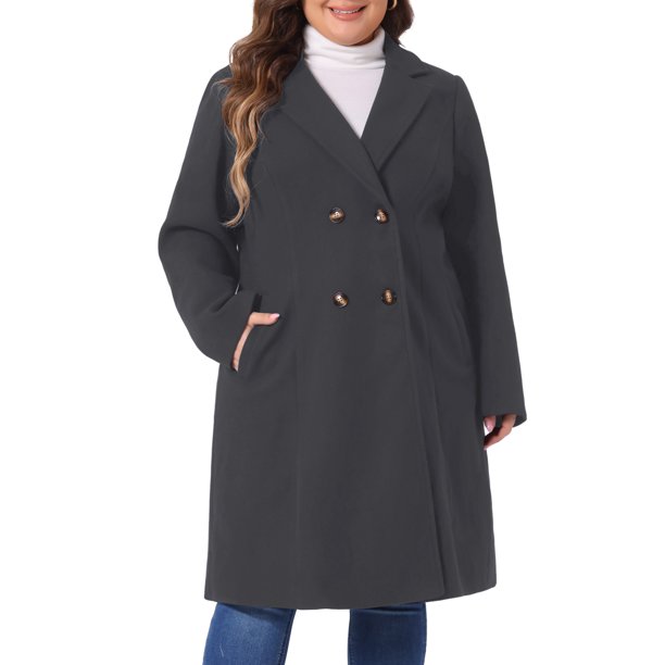 Abrigos largos de mujer talla grande de Agnes Orinda con solapa con muescas, abrigo de invierno de doble botonadura con bolsillos 2X gris oscuro