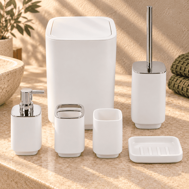 Set De Baño Completo 6 Piezas De ABS Con Basurero Dispensador Y Escobilla Color Blanco