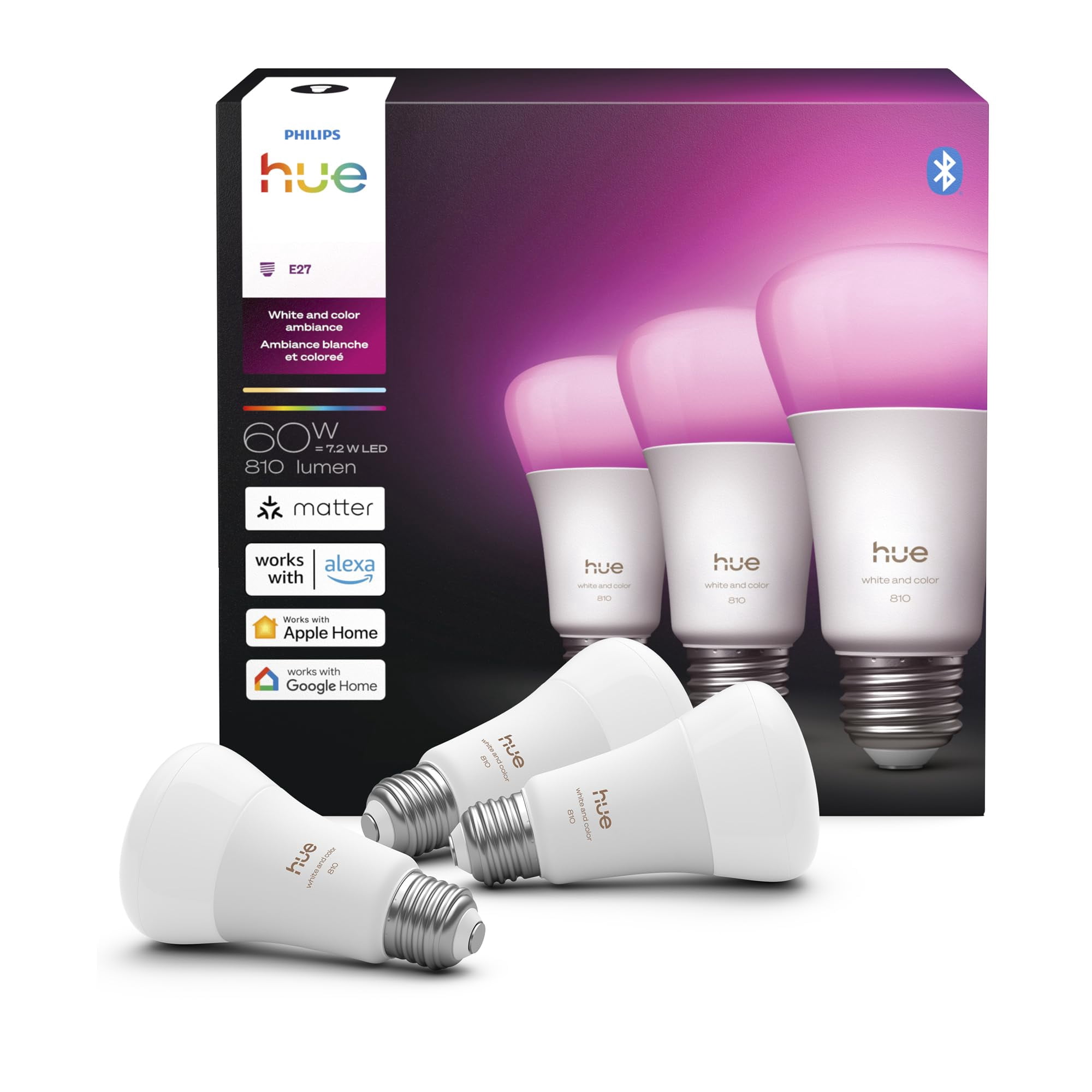 Bombilla Led Inteligente Philips Hue A19, 7,2 W, 810 Lúmenes, E26, 1 Paquete