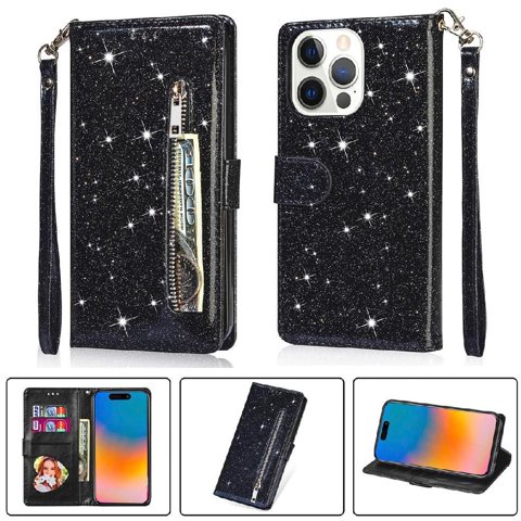 Funda Para Foxdock Elegante Funda Iphone 15 Pro Glitter Con Cremallera-Ideal Para El Uso Diario
