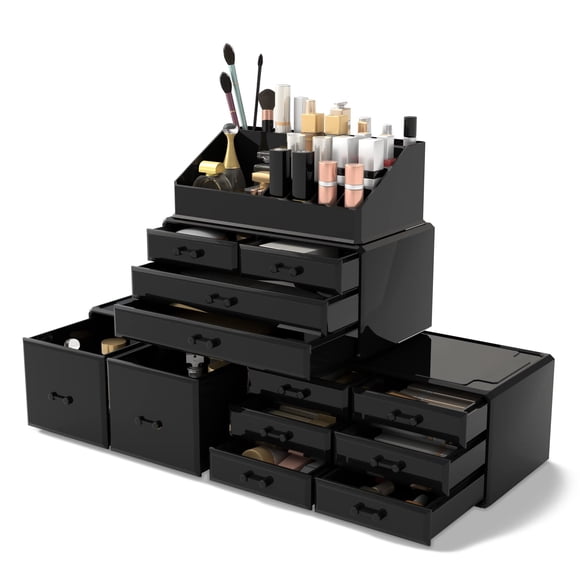 Organizador de maquillaje y cosméticos con cajones, lector, negro