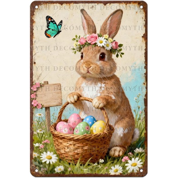 Letrero estaño metal conejo Pascua vintage conejo flor huevo primavera arte pared hogar granja cocina dormitorio 20x30cm