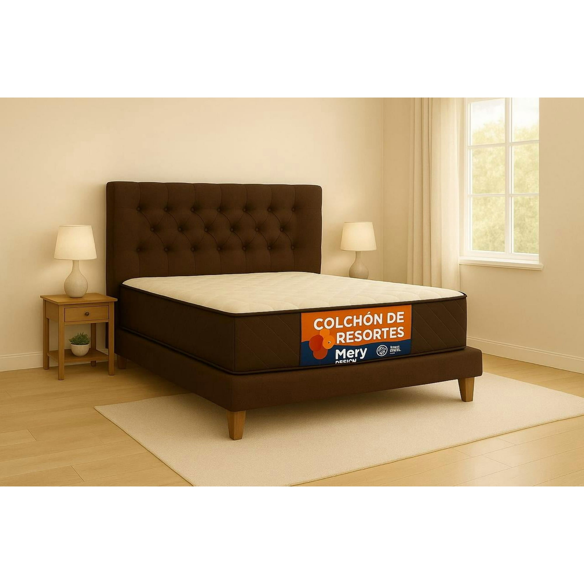 Ethan Desing - Cama Plaza Y Media Café Oscuro Capitoné + Colchon Mery Desing