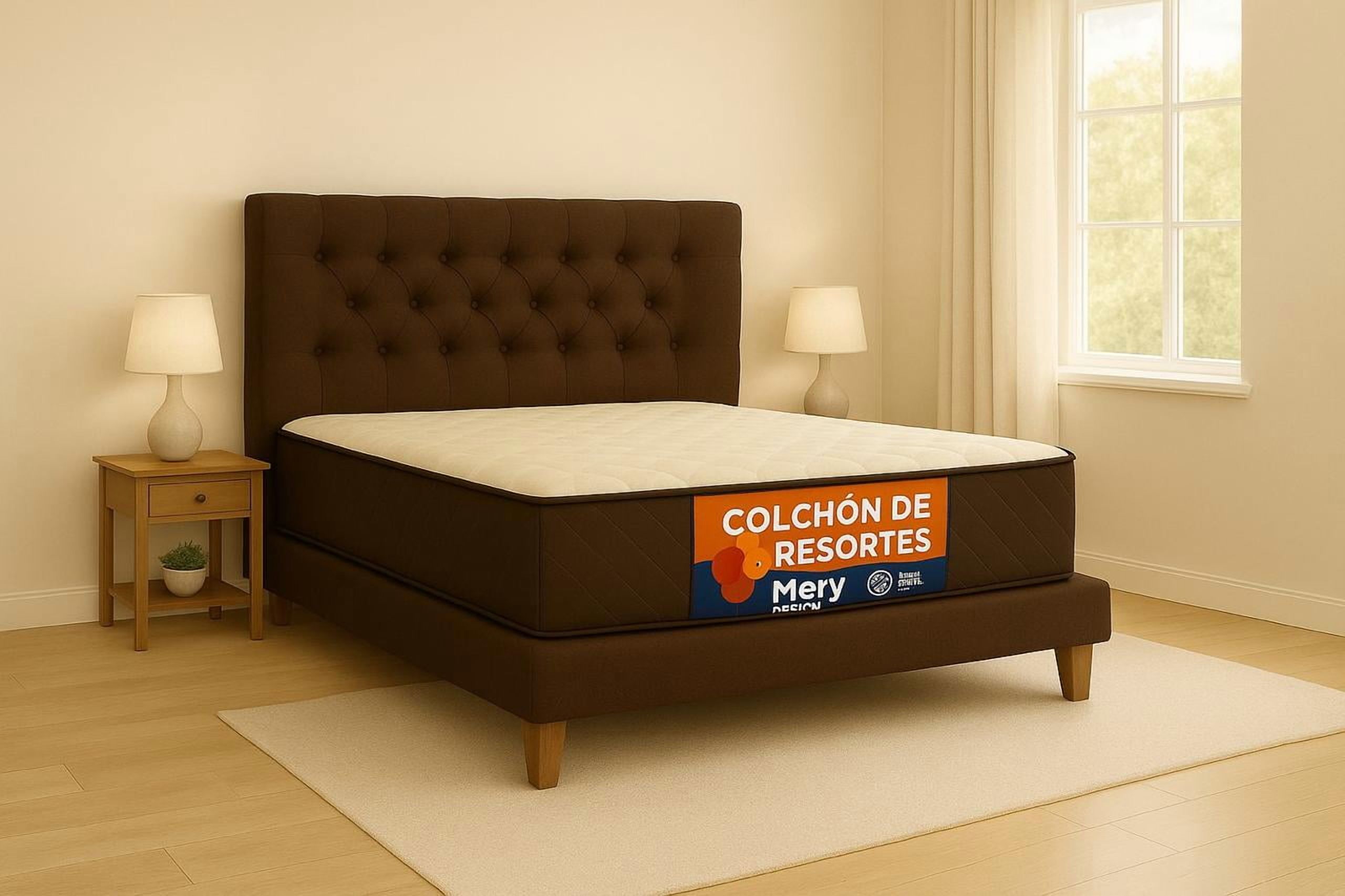 Ethan Desing - Cama Plaza Y Media Café Oscuro Capitoné + Colchon Mery Desing