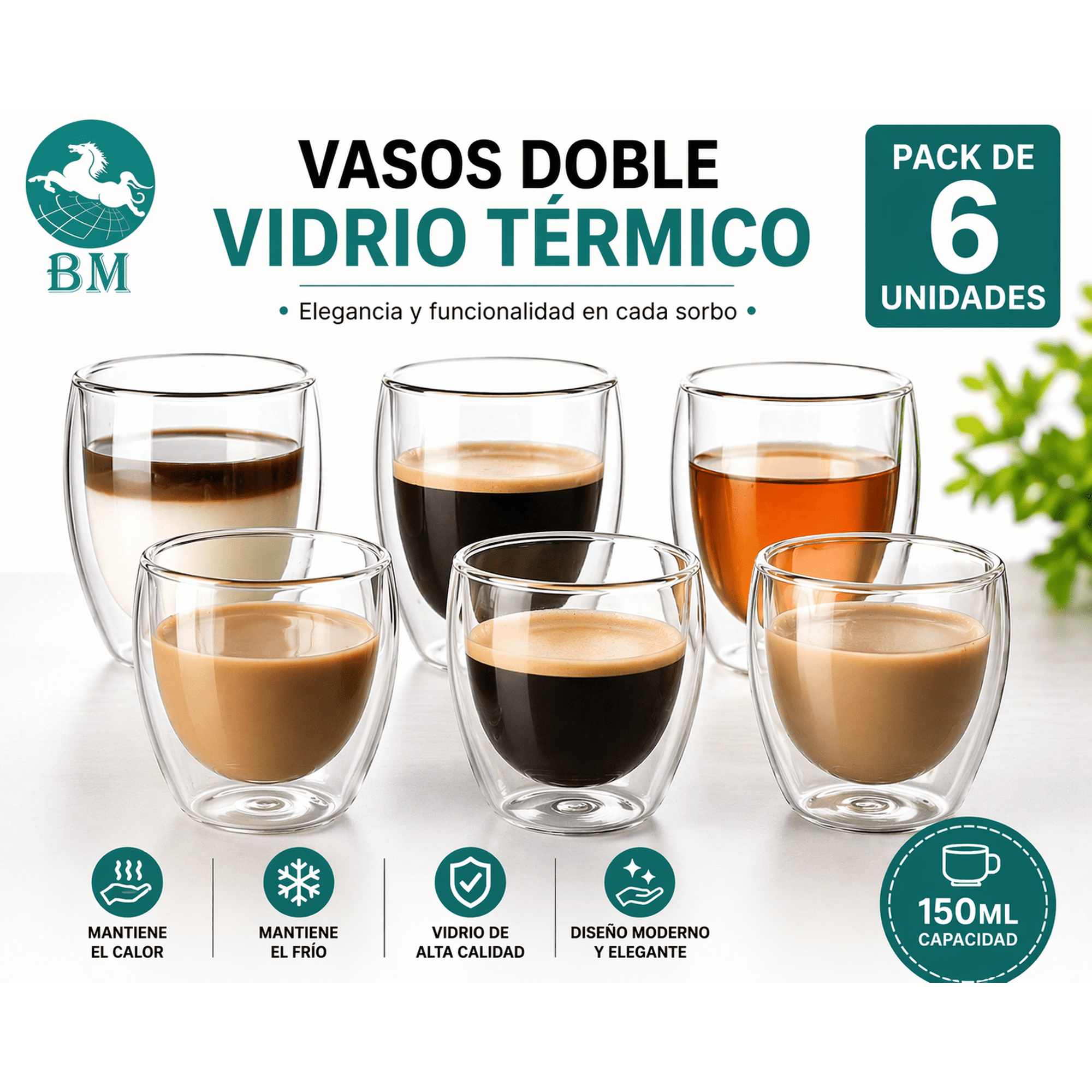 Baima - Pack 6 Vasos Doble Vidrio 150 Ml | Tazas Térmicas Café Premium