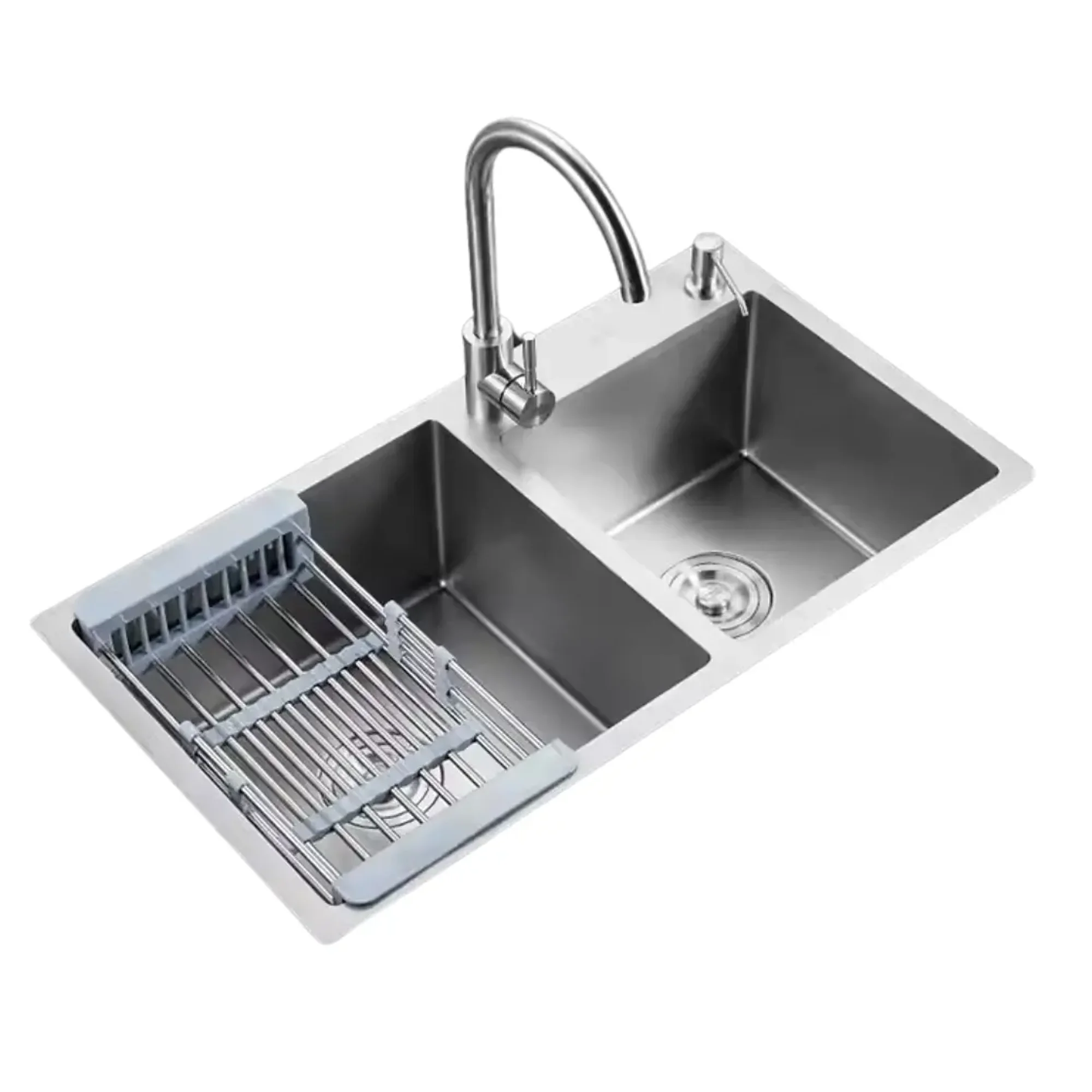 Modern Space - Lavaplatos 68x38 Cm Deluxe De Acero Inoxidable Para Empotrar Espesor 2mm Color Plateado Con Rejilla, Dispensador De Jabon Y Grifería Inox