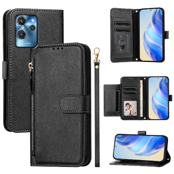 Funda tipo cartera para Oukitel C32 con bolsillo con cremallera, tarjetero, soporte, correa para la muñeca y tapa de cuero Negro